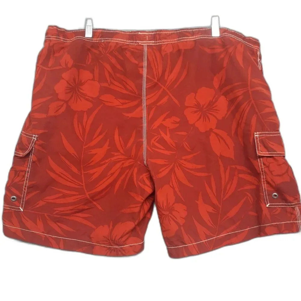 Caribbean Joe Mens Sz XL Red Swim Trunks Shorts Leaf Print Pockets Mesh Brief
